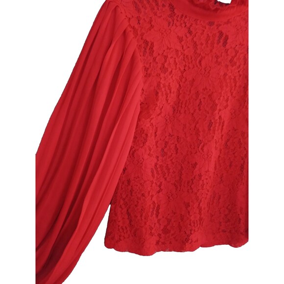 VOILA Laced Blouse Womens Large Red Long Pleated Sleeves Zip Back - Picture 6 of 16